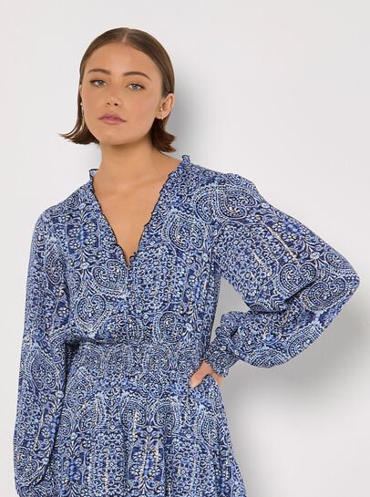 Batik Print Tiered Mini Dress