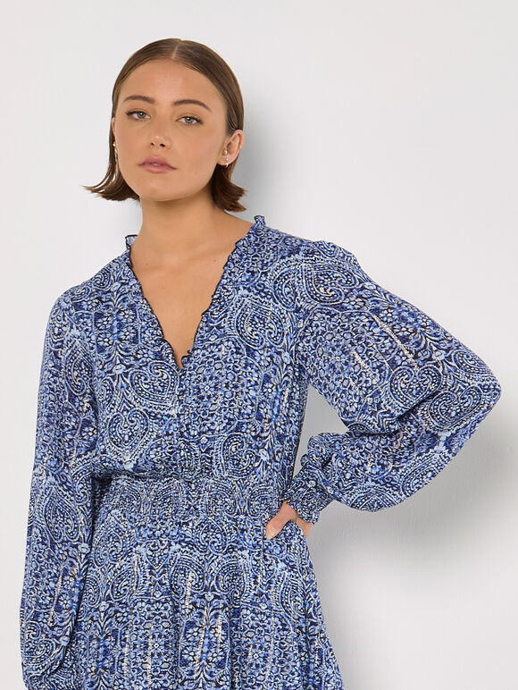 Batik Print Tiered Mini Dress, Navy, large