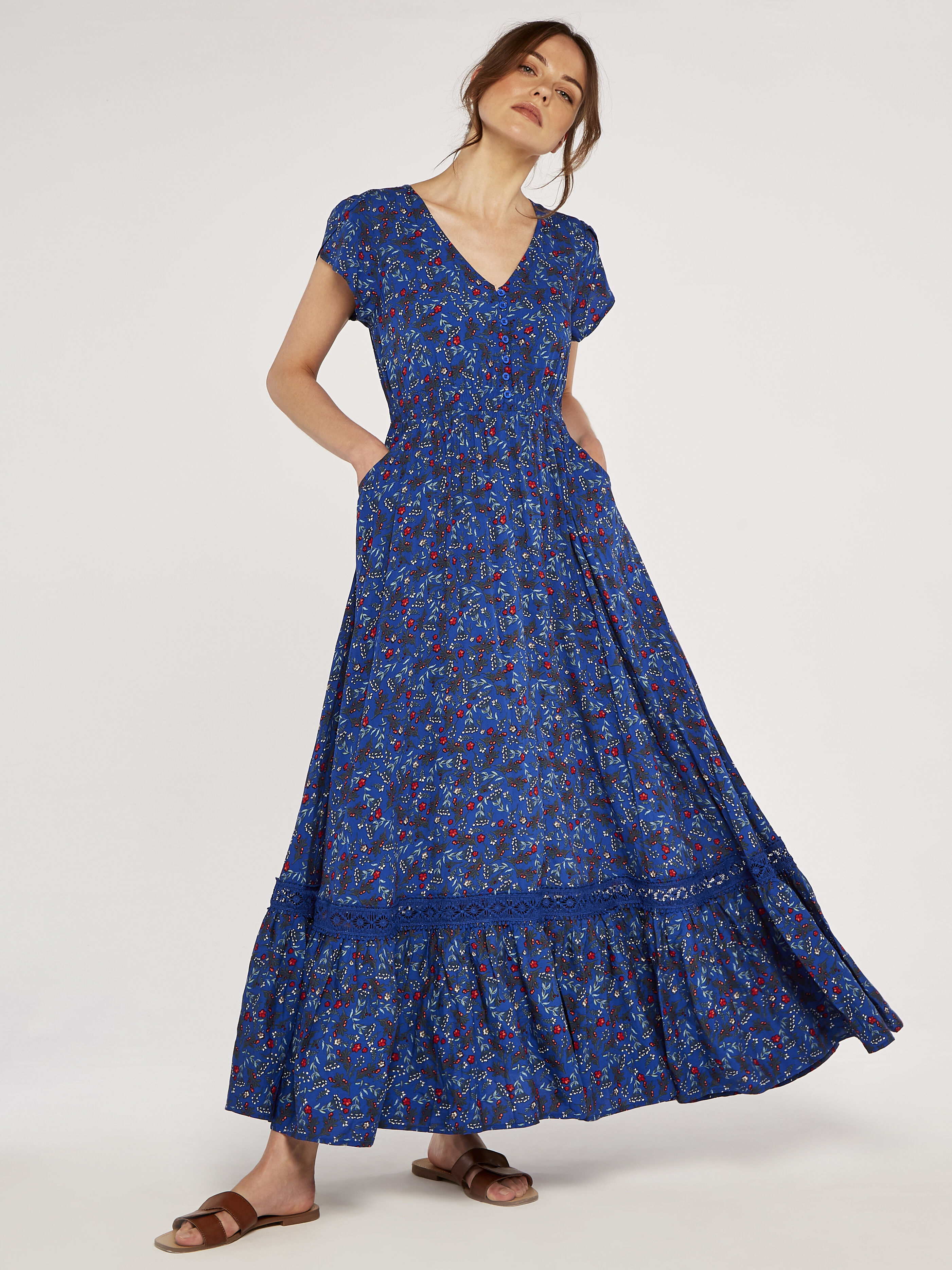 Floral Maxi Dress with Lace Detail Apricot Clothing