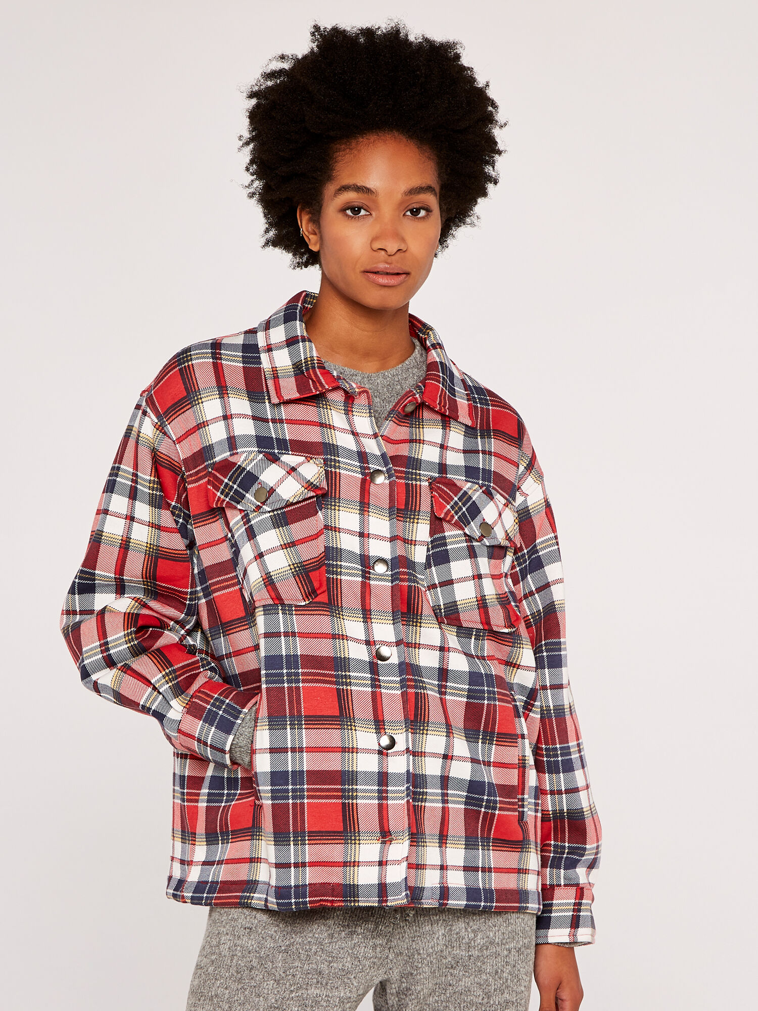 Check Button Down Shacket Apricot Clothing