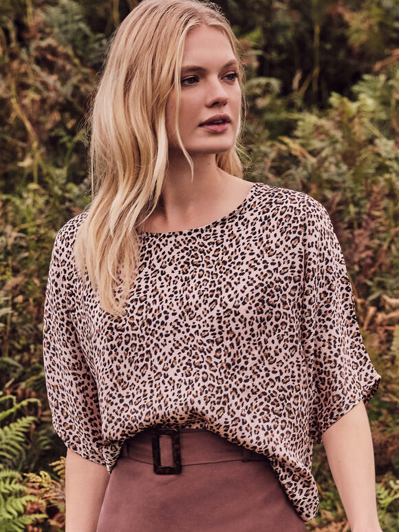 Leopard Oversized Tee Satin Top, Pink, large