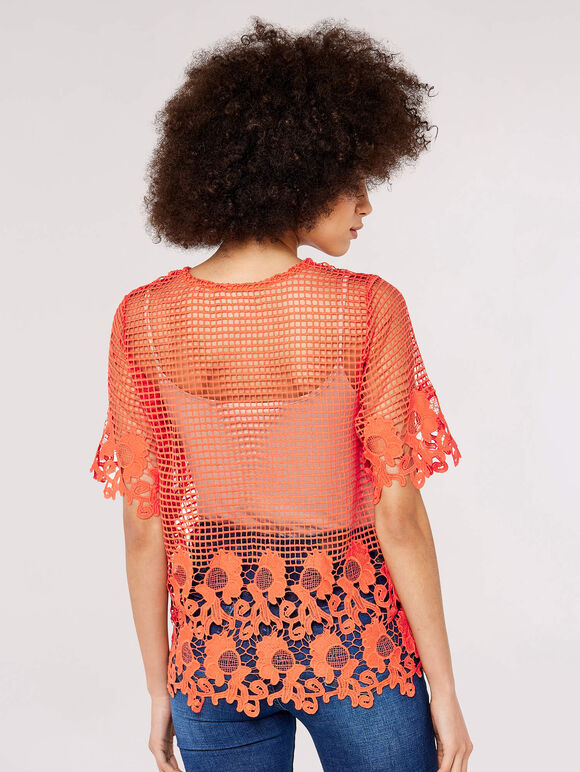 Square Mesh Guipure Top, Orange, large