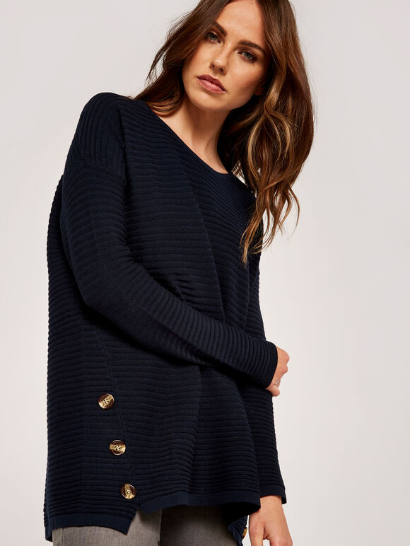 Asymmetric Zip Side Rib Knit Jumper, Navy, large