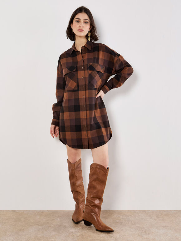 Oversized Check Shirt Mini Dress, Brown, large