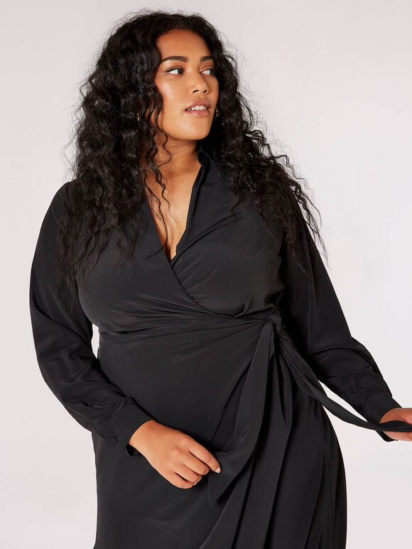 Curve Wrap Shirt Midi Dress , Black, large