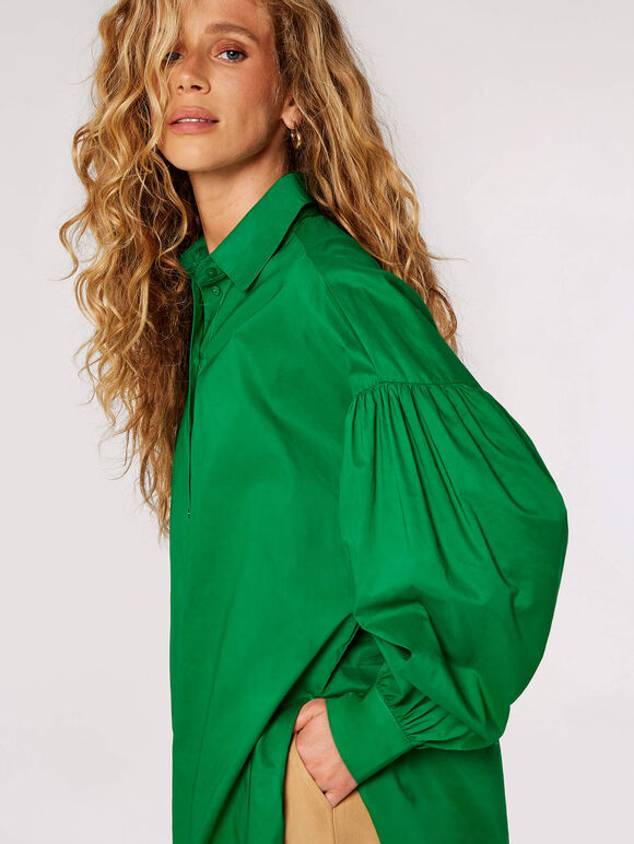 Balloon Sleeve Cotton Shirt, Green, large