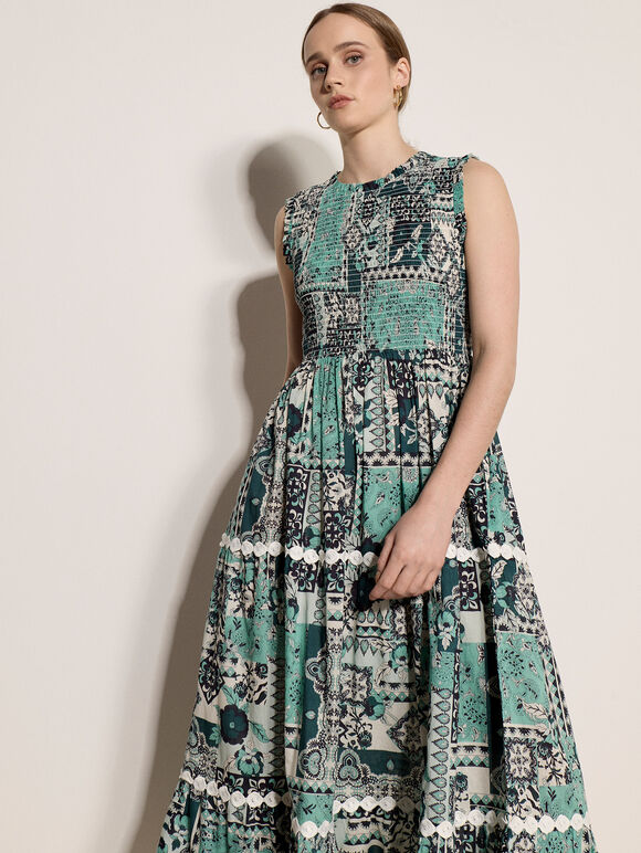 Patchwork Scarf Smocked Cotton Maxi Dress, Teal, large