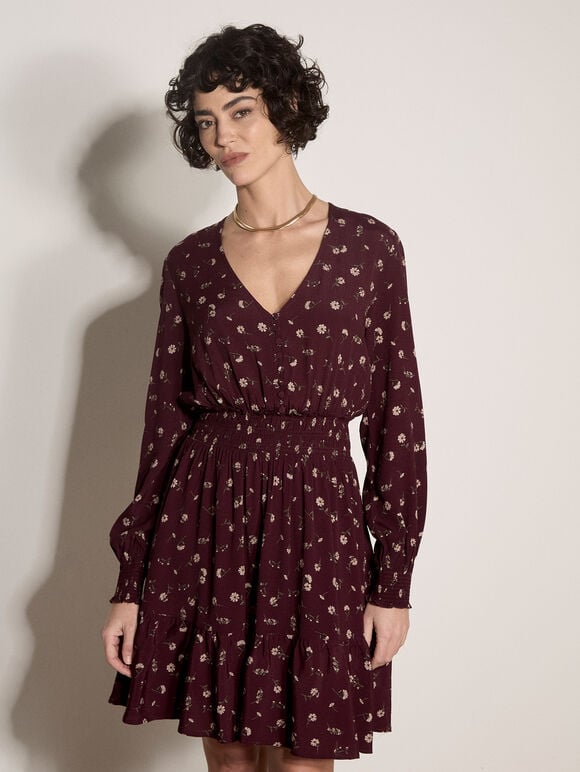 Vintage Floral Crepe Mini Dress, Burgundy, large
