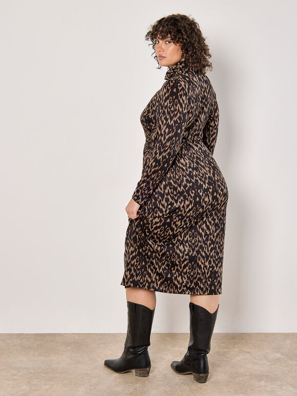 Curve Abstract Print Soft Knit Midi Dress, Brown, large