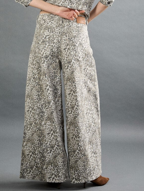 Zimi Wide-Leg Leopard Print Jeans, Grey, large