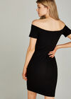 Button Down Ribbed Bardot Dress, Black, large