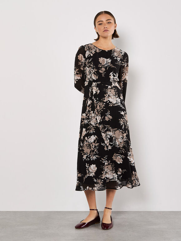 Silhouette Floral Chiffon Midaxi Dress, Black, large