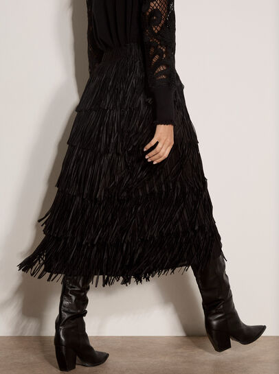 Fringe Trim Tiered Midi Skirt