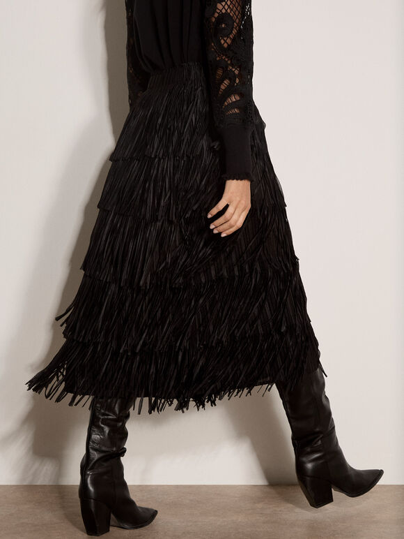 Fringe Trim Tiered Midi Skirt, Black, large