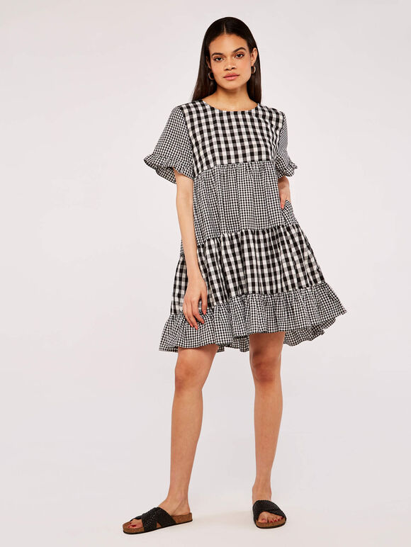 Gingham Tiered Dress, Black, large