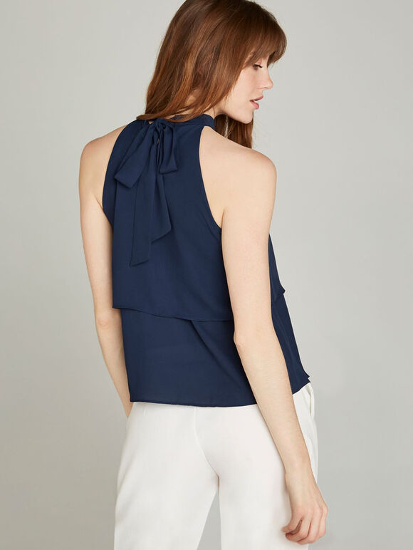 Halter Neck Chiffon Layer Top, Navy, large