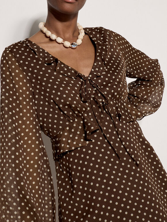 Polka Dot Chiffon Mini Dress, Brown, large