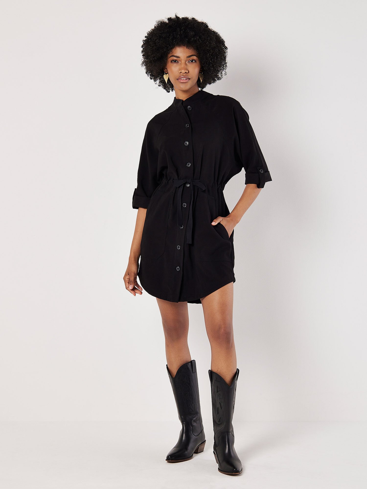 Drawstring Shirt Mini Dress Apricot Clothing