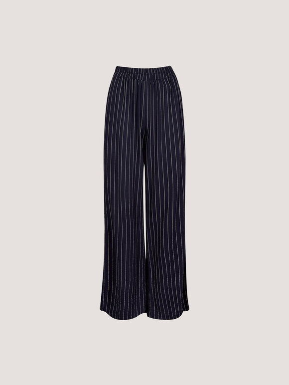 Pinstripe Linen Blend Wide-Leg Trousers, Navy, large