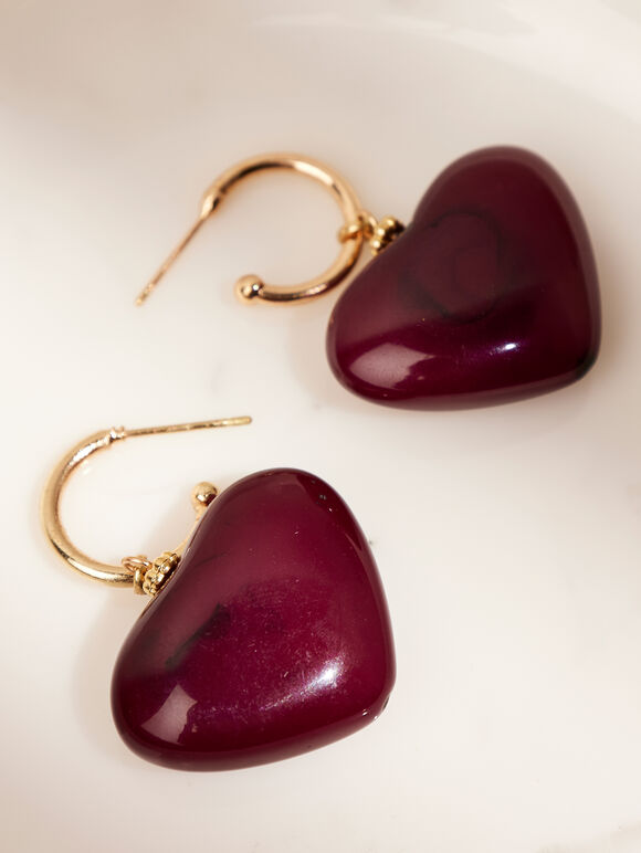 Gold Tone Heart Hoop Earrings, Brown, large