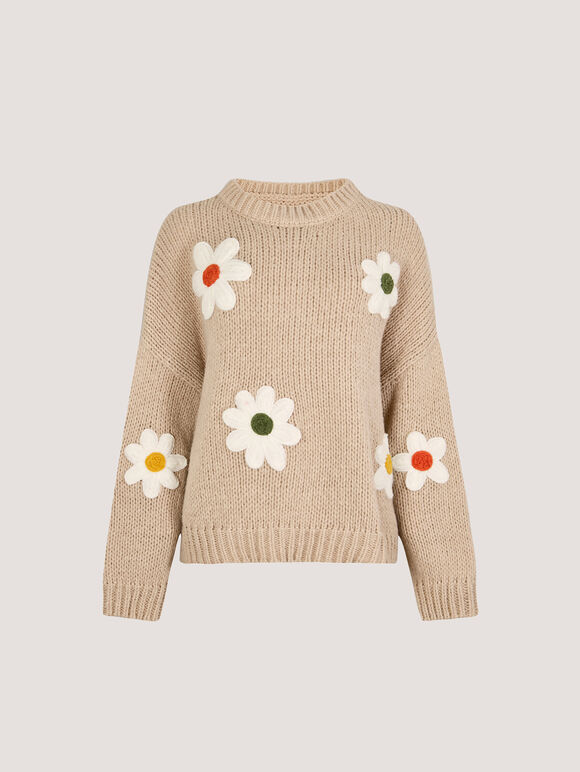 Embroidered Daisy Jumper, Stone, large