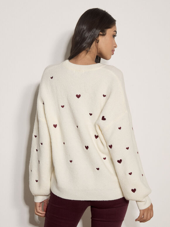 Embroidered Heart Jumper, Cream, large