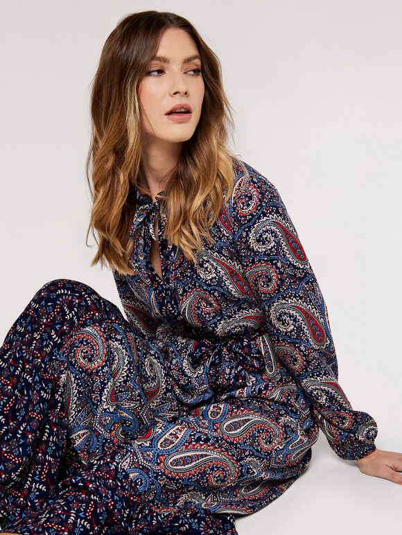 Paisley Mix-Match Midi Dress, Navy, large