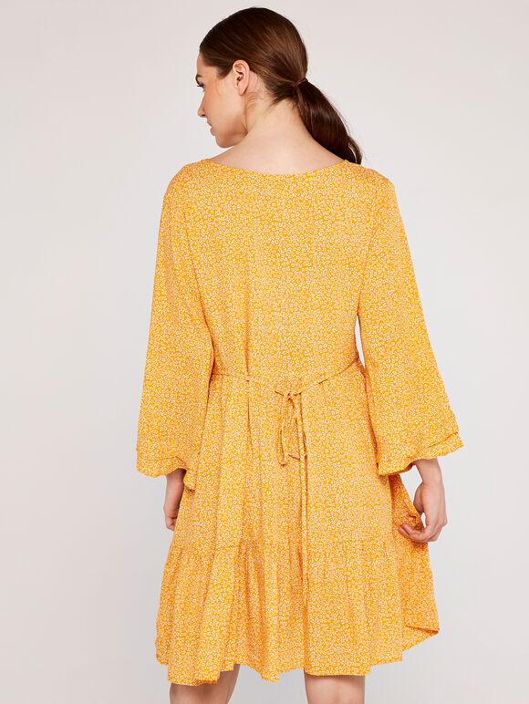 Micro Ditsy Bell Sleeve Dress, Mustard, large