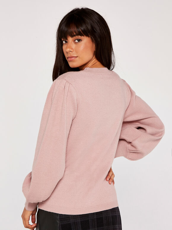Volume Sleeve Crew Neck Jumper, Pink, large