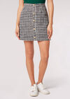 Dogtooth Buttoned Mini Skirt, Black, large