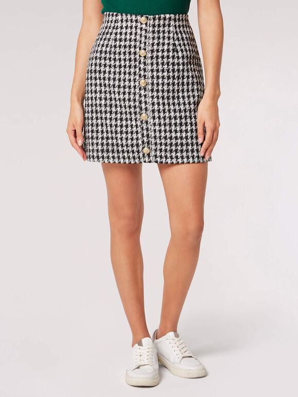 Dogtooth Buttoned Mini Skirt, Black, large