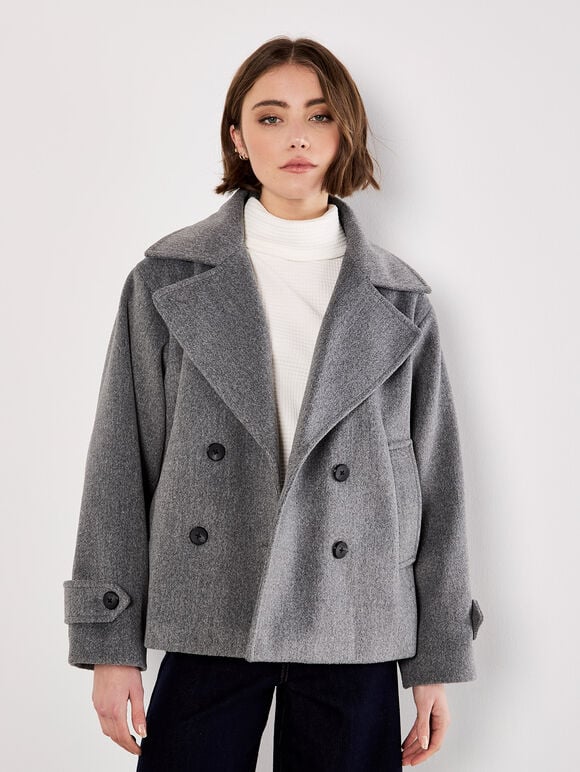 Tailored Short Peacoat Jacket, Dark Grey - Charcoal, large