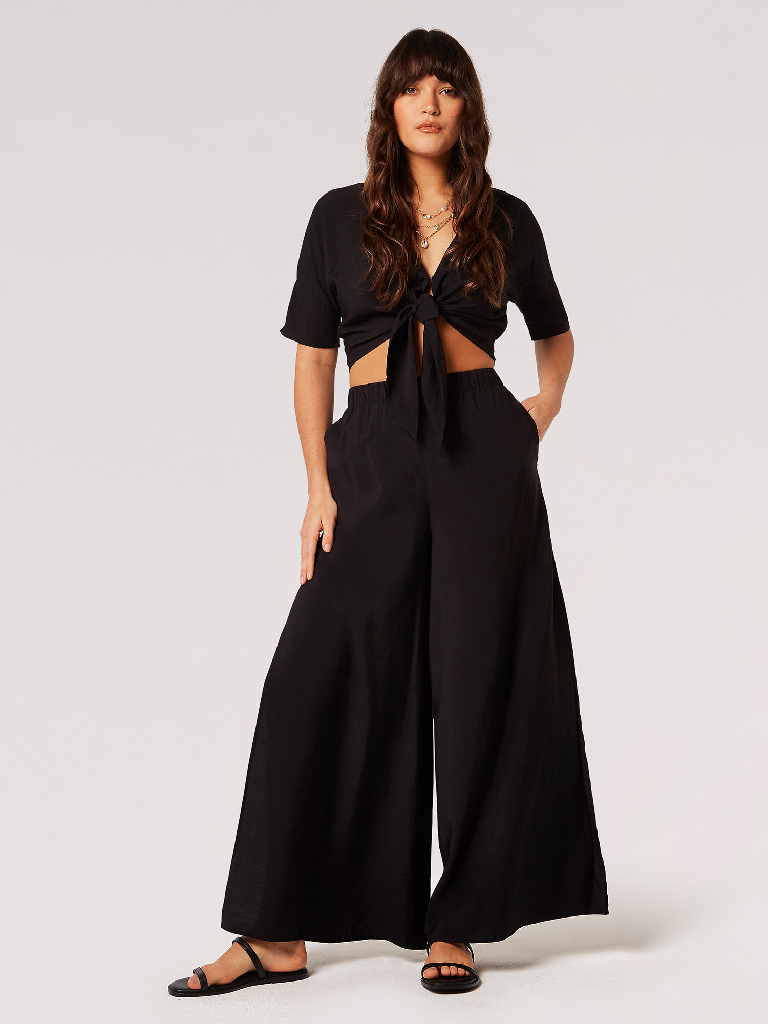 Textured Side Split Palazzo Trousers Apricot Clothing