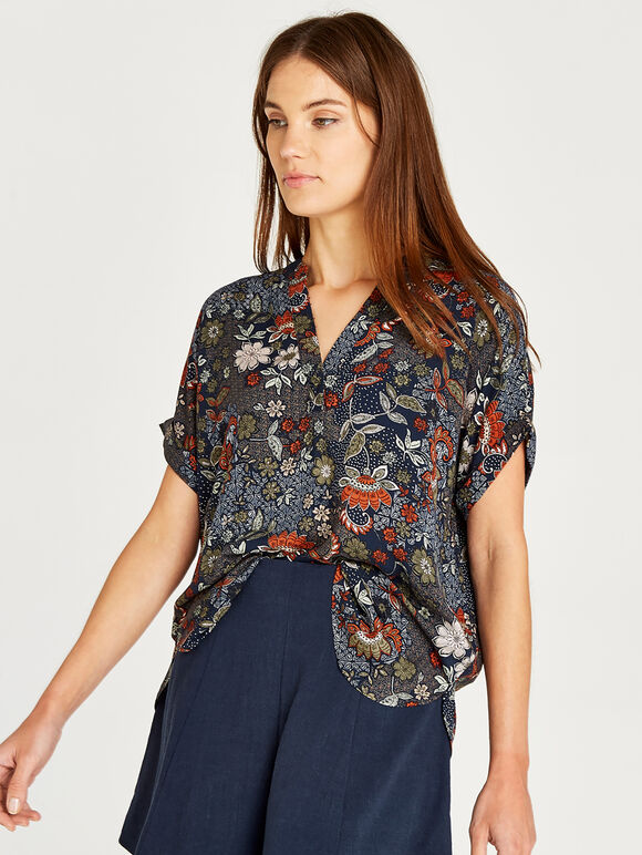 Floral And Dots Open Neck Top, Navy, large