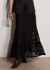 Cotton-Blend Lace Tiered Midi Skirt, Black, large
