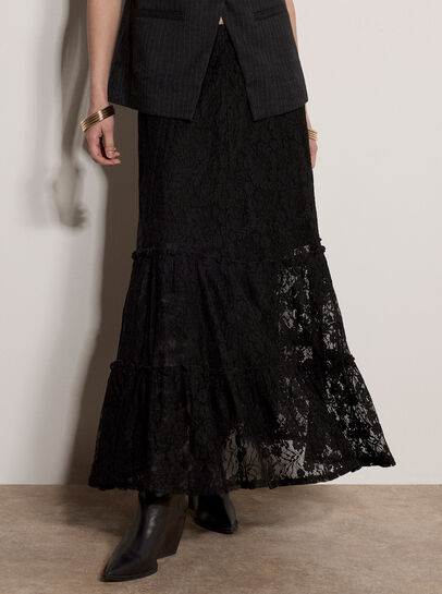 Floral Lace Tiered Midi Skirt