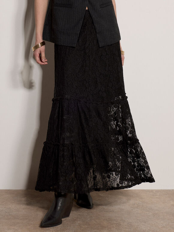 Cotton-Blend Lace Tiered Midi Skirt, Black, large