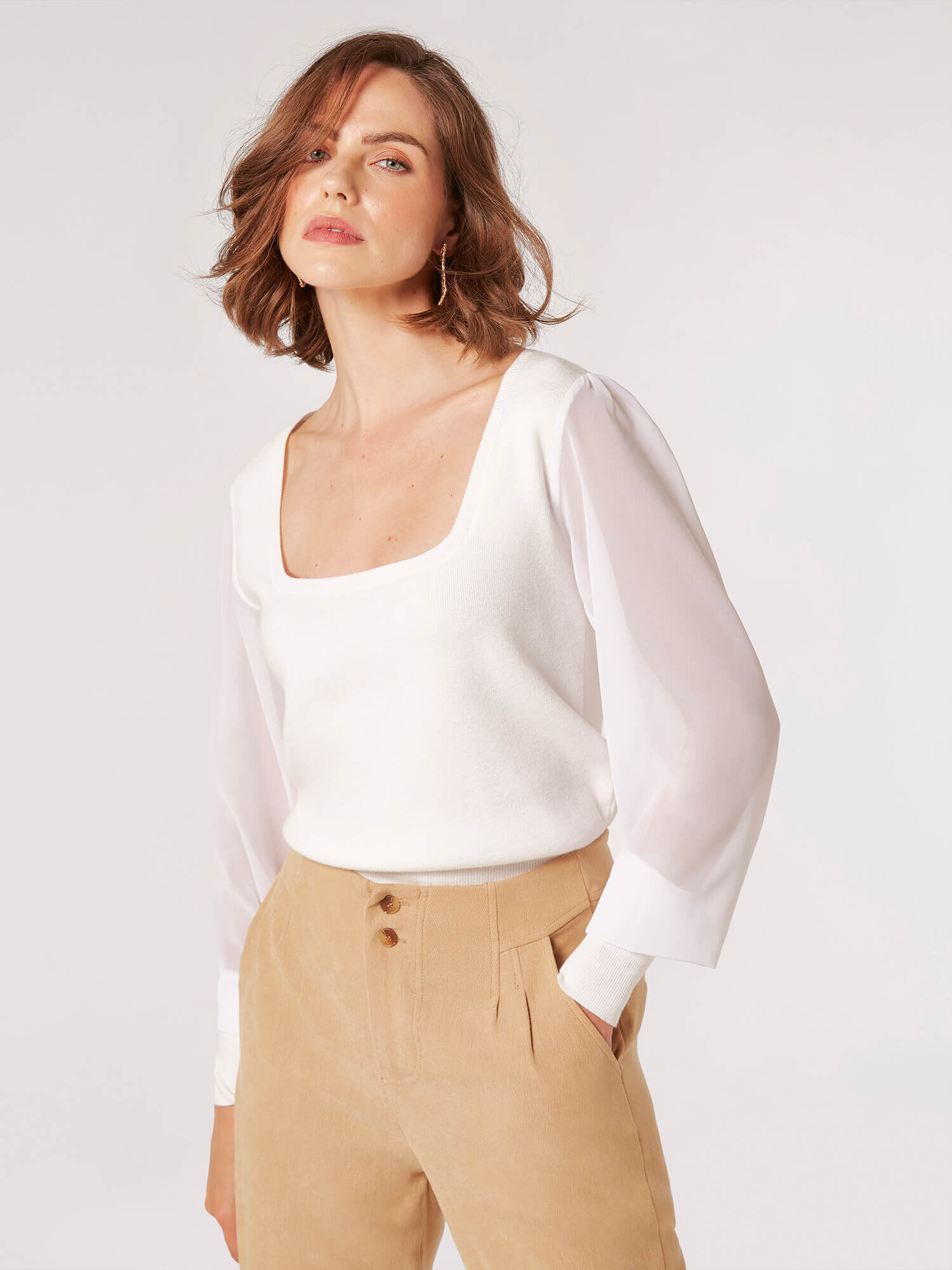 Chiffon Sleeve Knitted Jumper Apricot Clothing