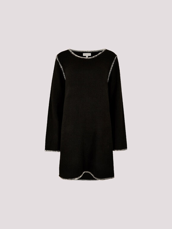 Blanket Stitch Knitted Swing Mini Dress, Black, large