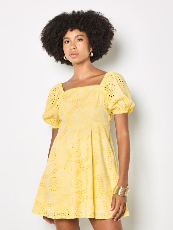 Floral Broderie Mini Dress, Yellow, large