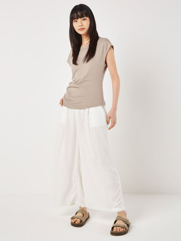 Side Pleat Cotton T-Shirt, Brown, large