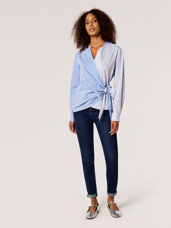 Contrast Stripe Wrap Shirt, Blue, large
