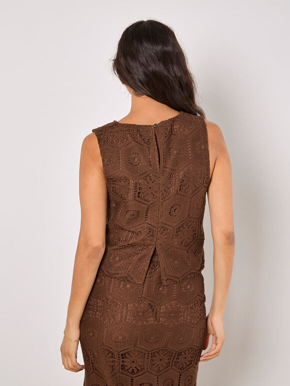 Crochet Lace Tile Shell Top, Brown, large