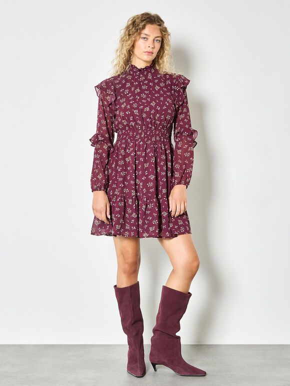 Ditsy Floral Chiffon Tiered Mini Dress, Burgundy, large