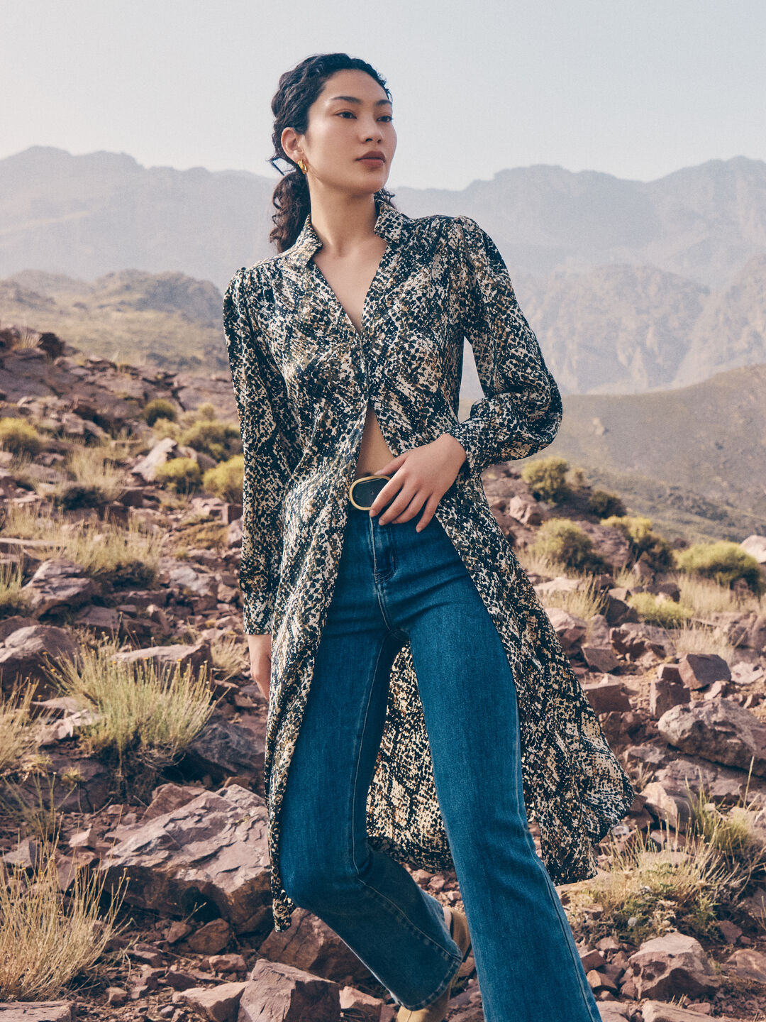 Image of Snakeskin Print Satin Shirt Midi Dress