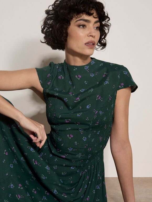 Floral Crepe Smocked Midi Dress, Green, large