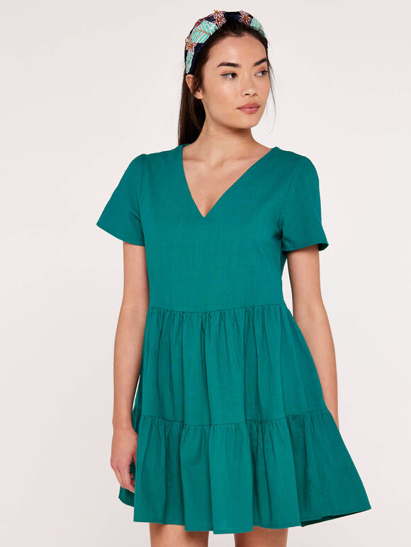 Cotton Neck Tiered Dress, Green, large