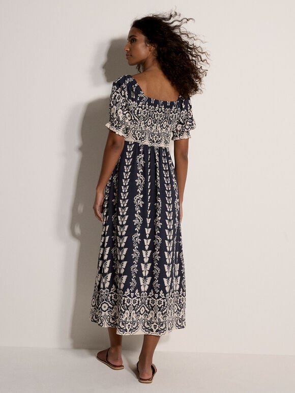 Butterfly Border Print Midi Dress, Navy, large