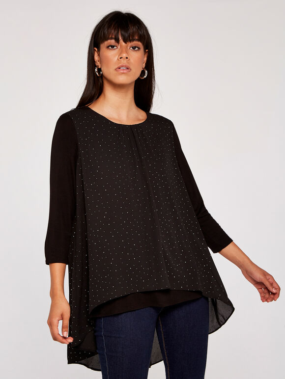 Studded Overlay Top, Black, large