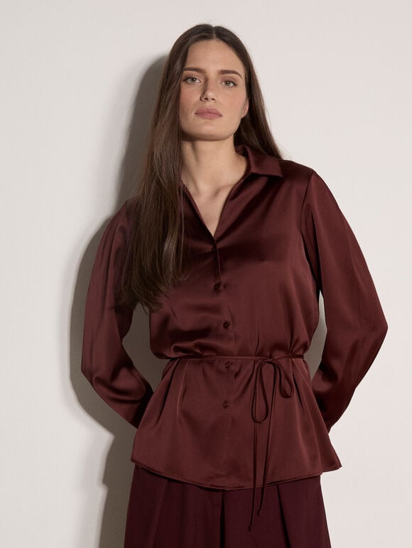 Soft Satin Shirt, Burgundy, large